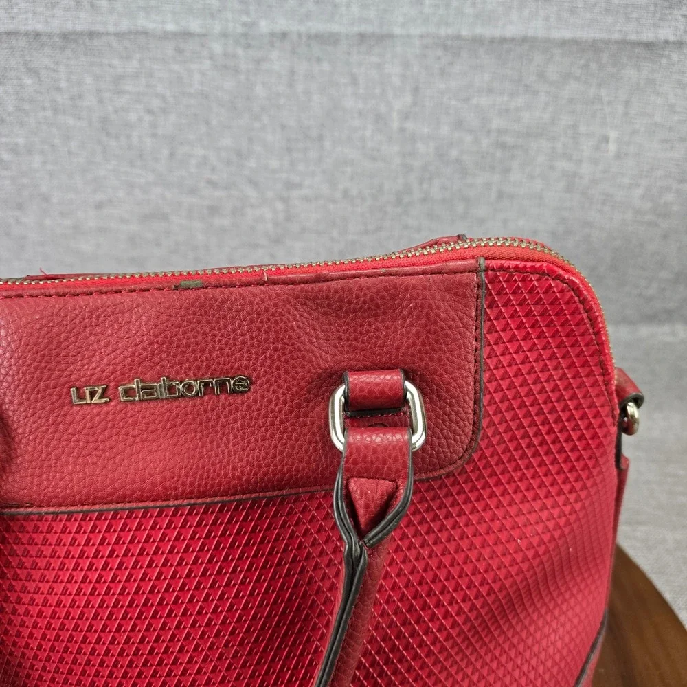 Liz Claiborne Red Satchel Handbag Geometric Embossed Faux Leather Top Handle Bag
